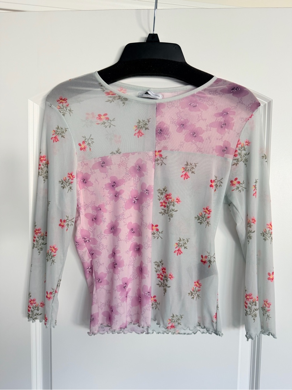 Floral Patchwork Long-Sleeve Top - Pink/Light Grey